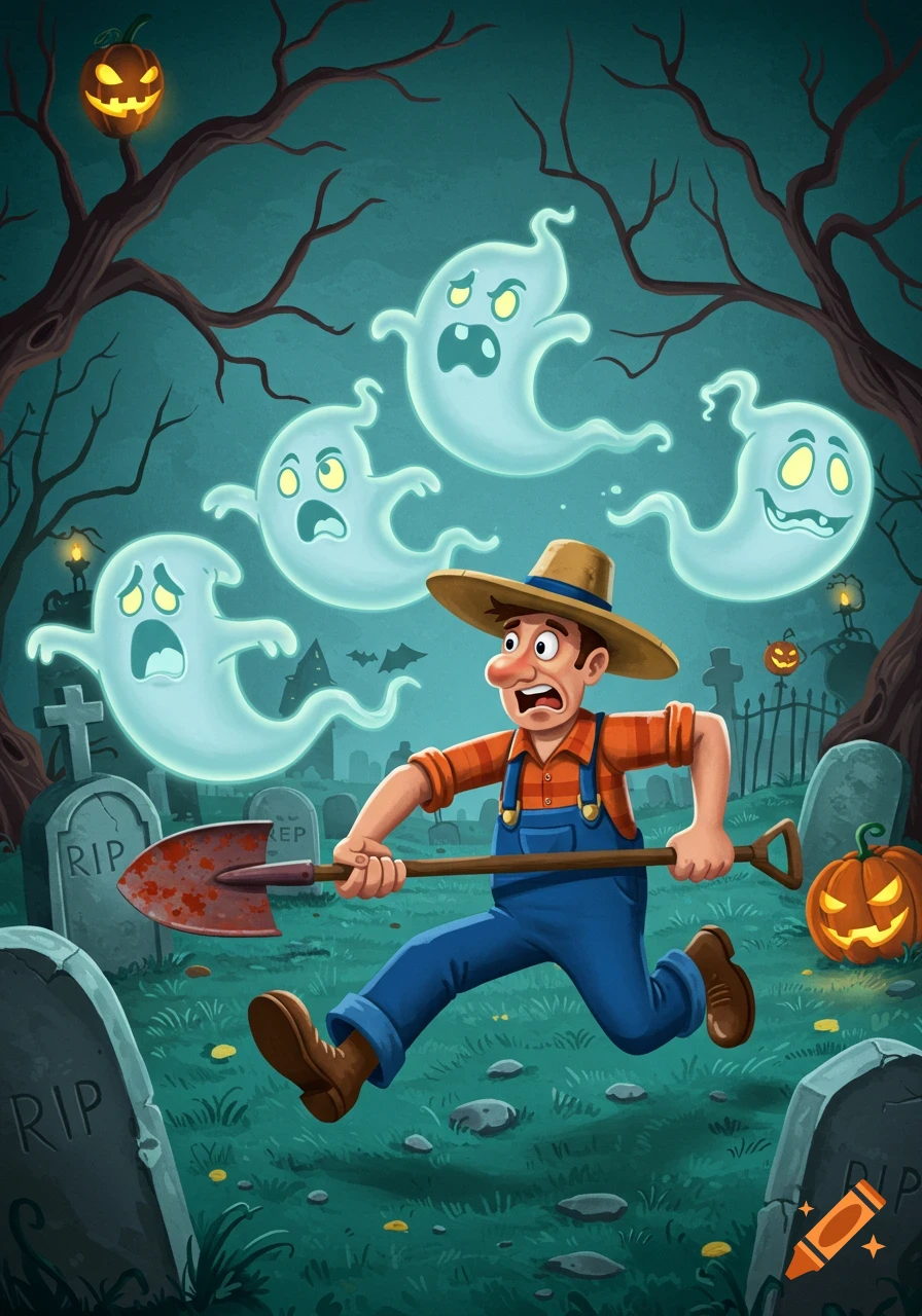 A cartoon gravedigger with a shovel running in fear from multiple glowing ghosts in a spooky graveyard at night, with jack-o'-lanterns on trees and ground.