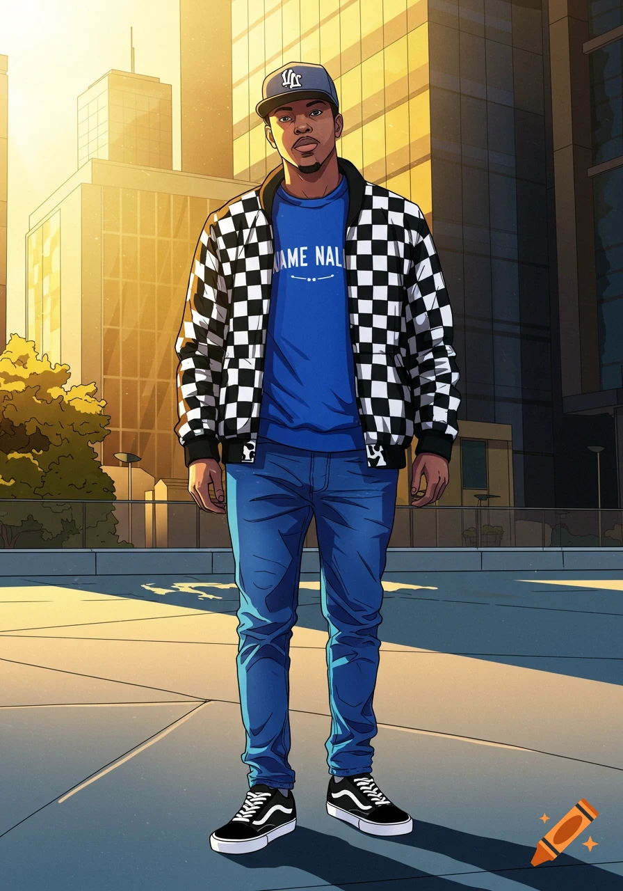 A cartoon illustration of a man standing in a city, wearing a black and white checkered jacket, blue t-shirt, blue jeans, and black and white Vans sneakers.