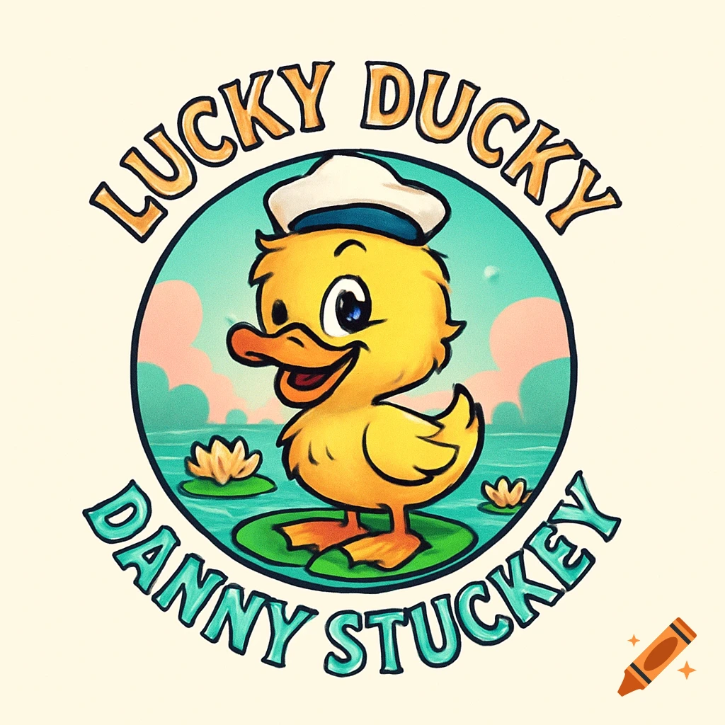 A colorful cartoon logo featuring a smiling yellow duck wearing a sailor hat, standing on a lily pad in a pond with text "LUCKY DUCKY" and "DANNY STUCKEY" around it.