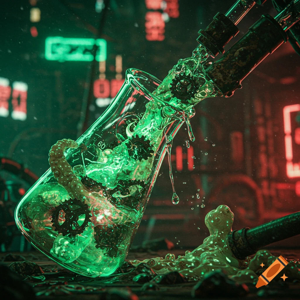A glowing green liquid with gears spills from a broken lab flask in a dystopian, cyberpunk setting with neon lights.