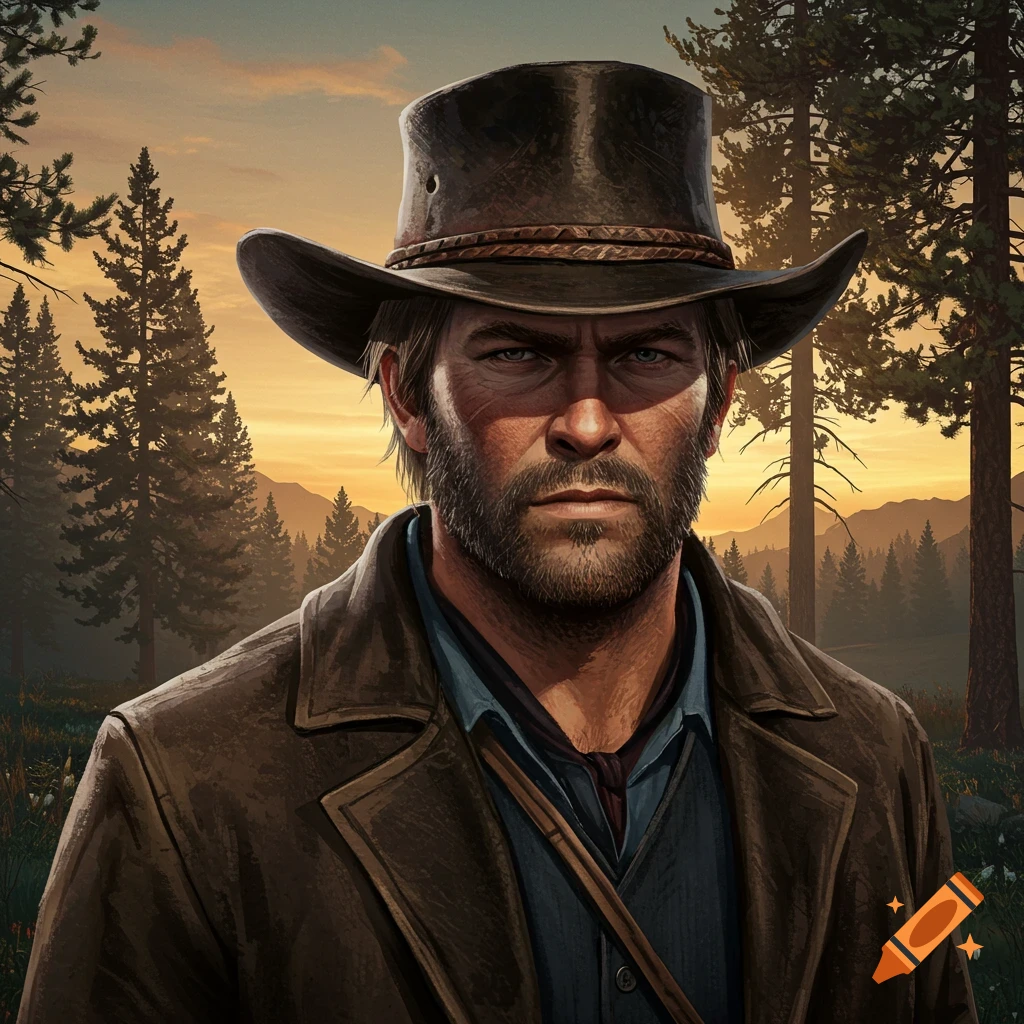 A realistic portrait of a rugged man resembling Arthur Morgan in a cowboy hat, standing in a forest at sunset.