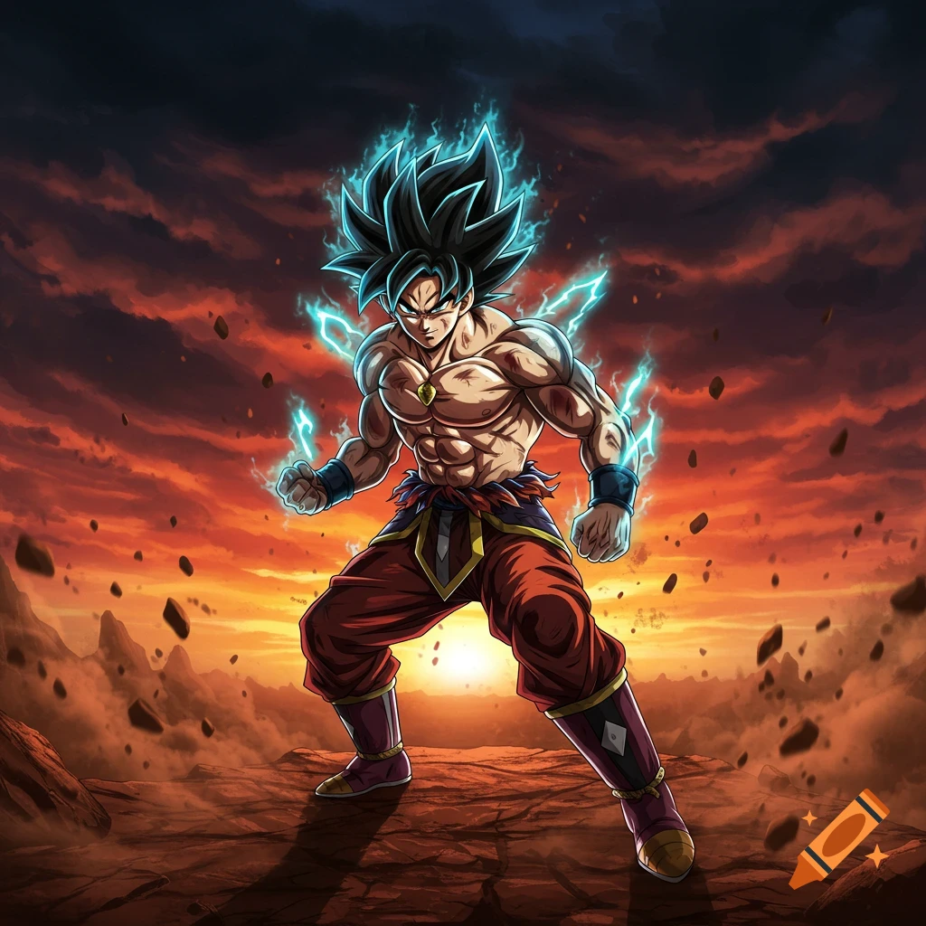 Muscular anime character with glowing blue energy and lightning stands in a dramatic, rocky landscape under an orange and dark sky.