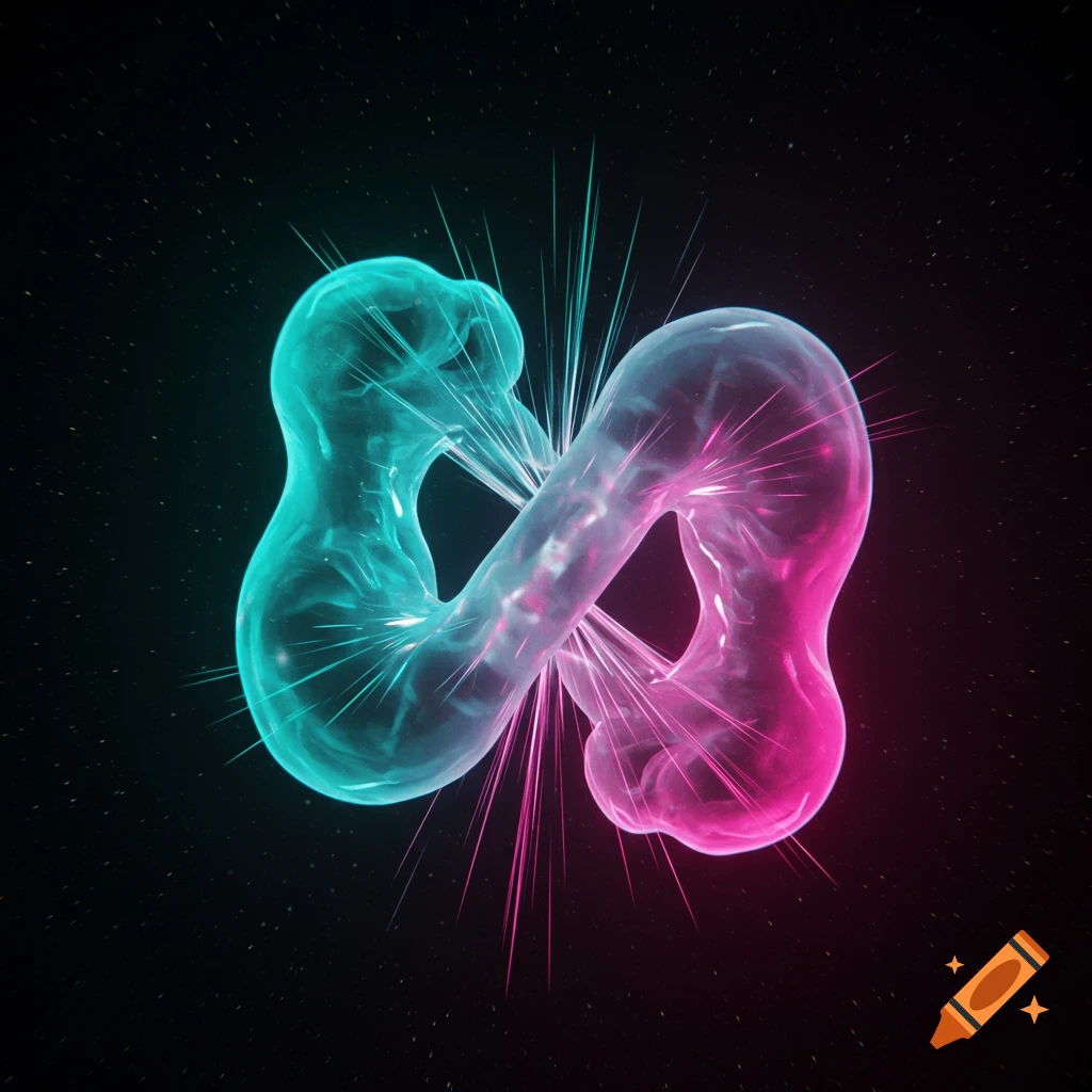 A glowing abstract fluid shape, half teal and half magenta, intertwined with light rays on a dark, starry background.