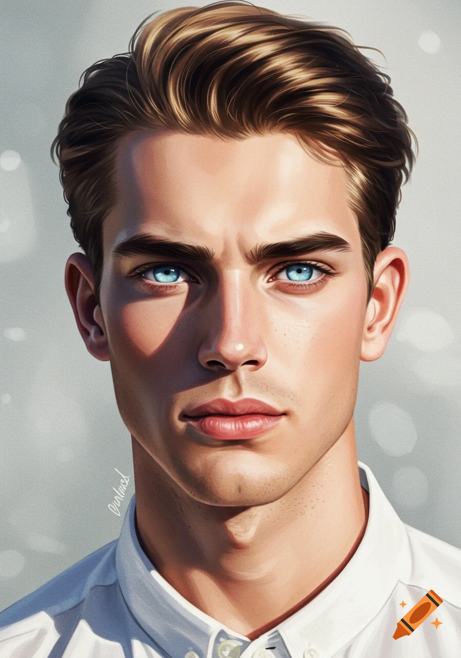 Close-up portrait of a Caucasian man with bright blue eyes, dark eyebrows, and high cheekbones, wearing a white shirt.