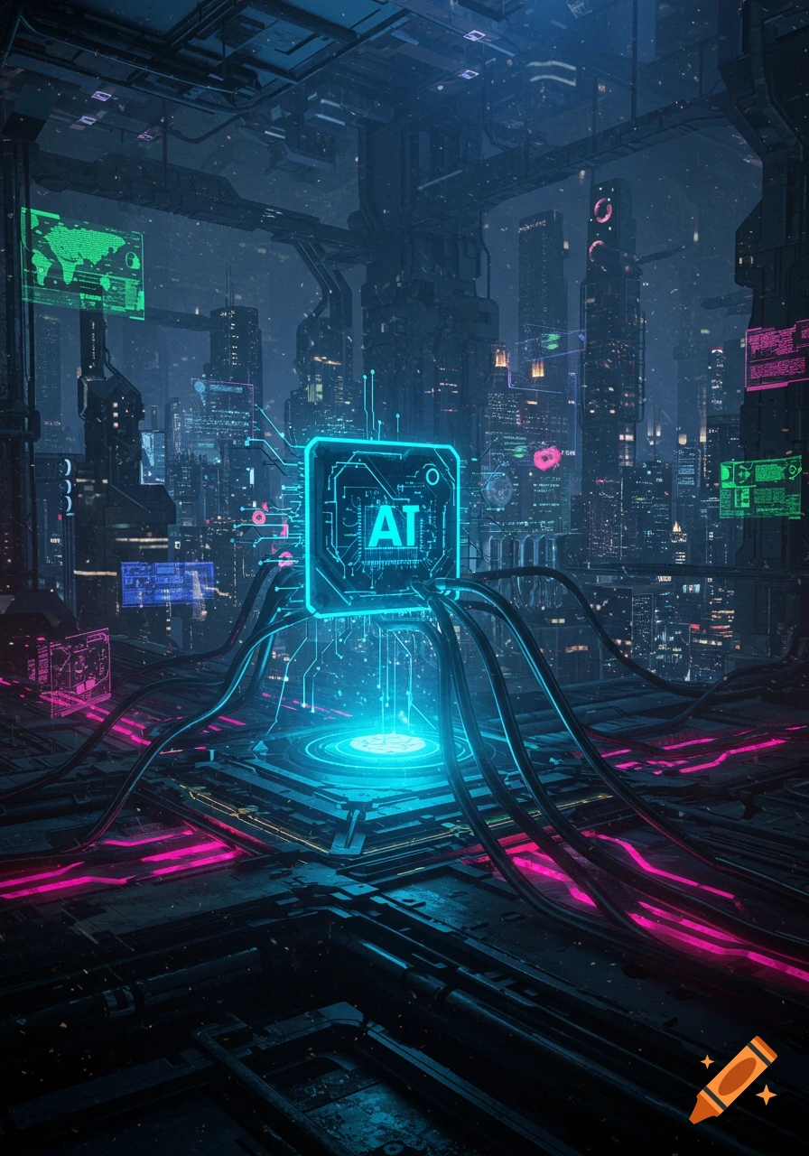A glowing AI chip at the center of a futuristic, neon-lit cyberpunk city with circuit patterns.