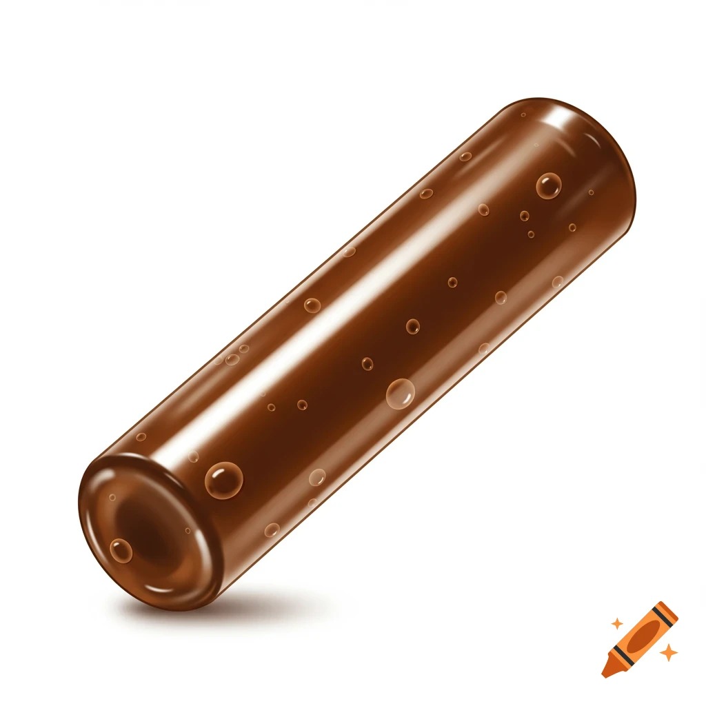 A glossy, dark brown cylindrical object with small bubbles on its surface, against a white background.