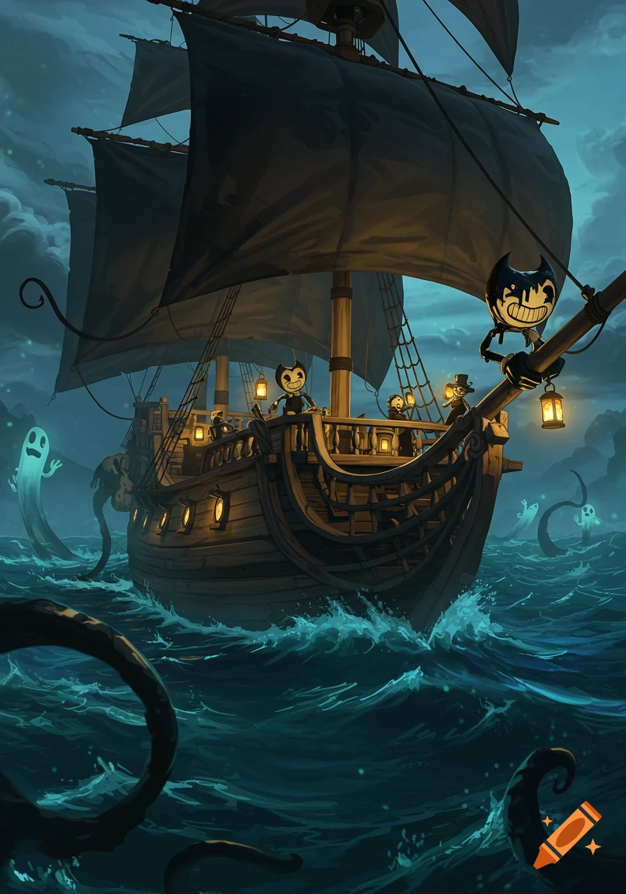A spooky pirate galleon sails on a stormy sea, populated by Bendy and the Ink Machine characters, with ghosts and tentacles in the water.