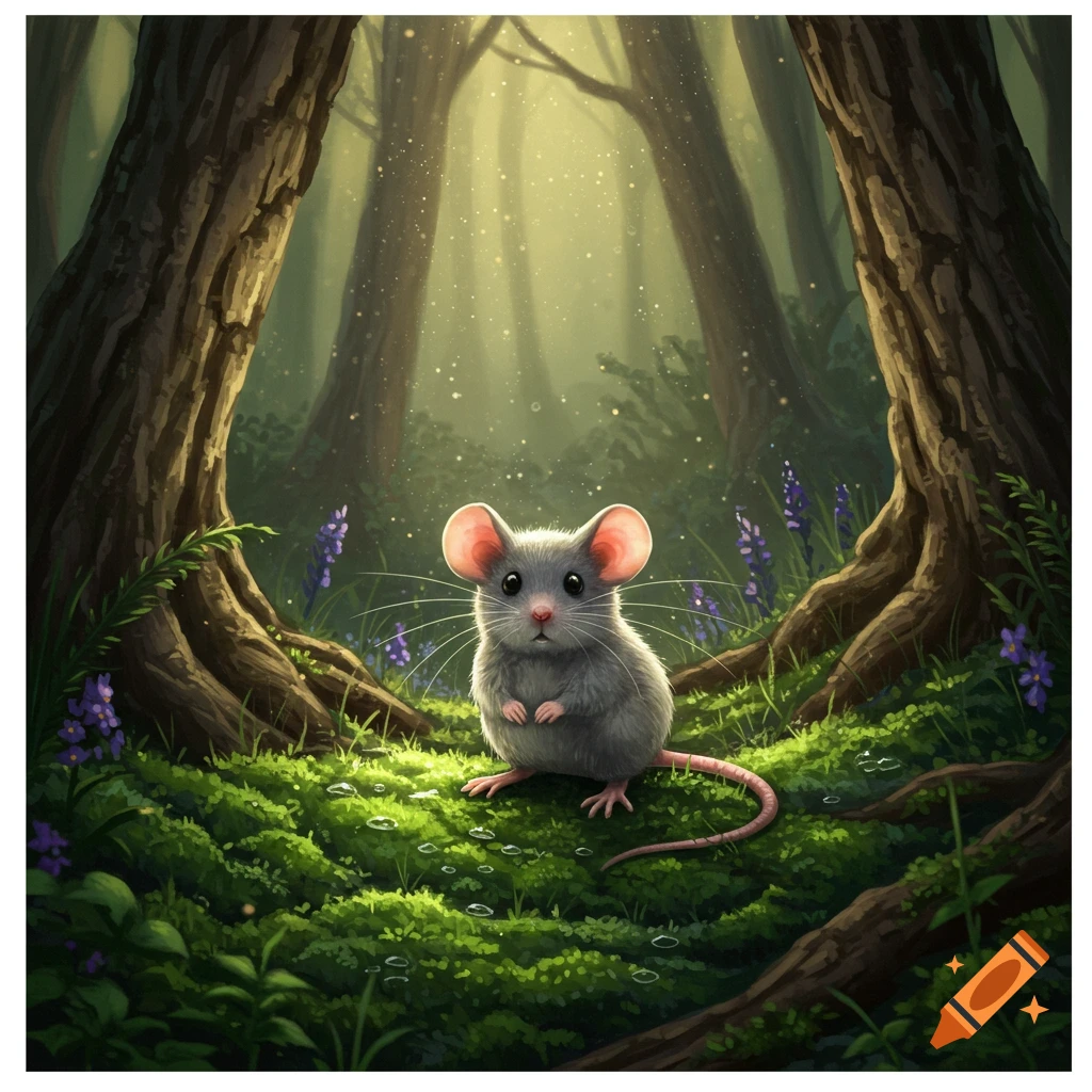 A tiny grey mouse sits on mossy ground amidst tall trees and purple flowers in a sunlit forest, in an illustrative style.