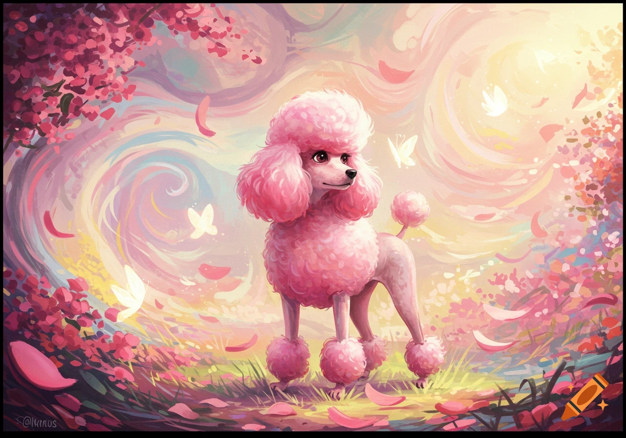 A pink poodle stands in a whimsical, colorful landscape with swirling pink and purple skies, floating petals, and butterflies in an illustrative style.