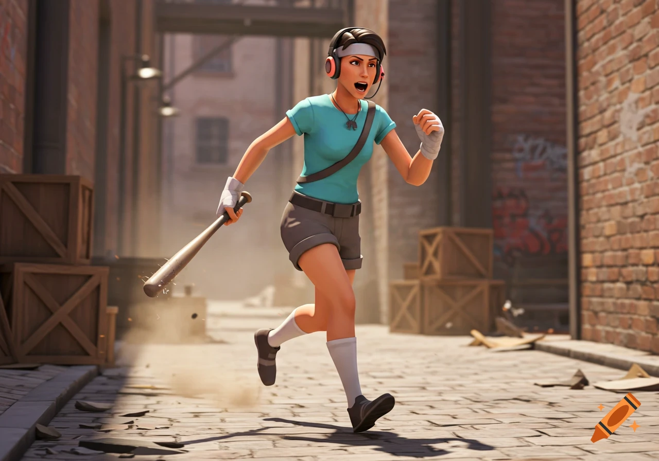A stylized female character in a teal shirt and shorts runs through an alley, holding a baseball bat, in a video game art style.