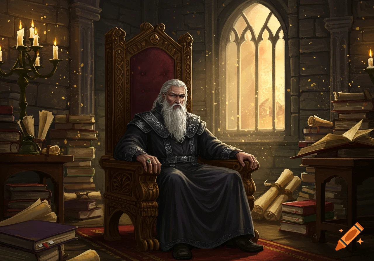A wise old wizard with a long white beard sits on an ornate throne in a dimly lit, book-filled chamber, sunlight streaming through a large window.