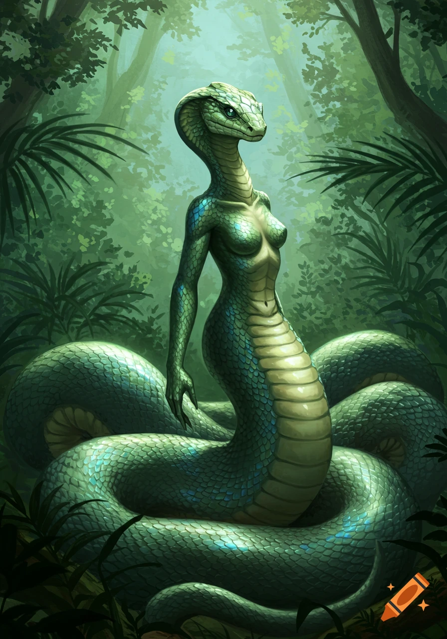 A green snake woman with a humanoid torso and cobra head stands in a lush, verdant jungle.