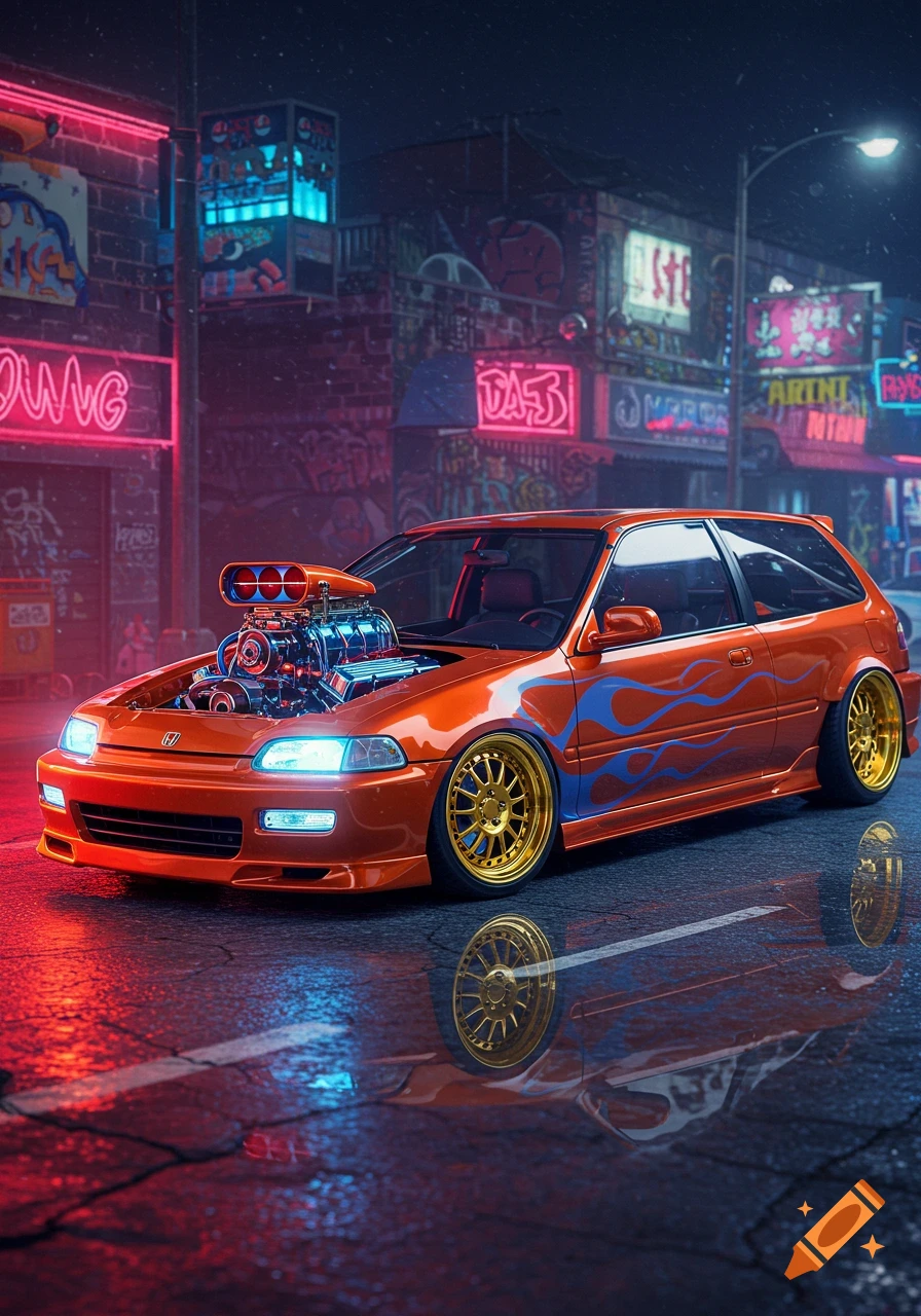 An orange Honda Civic hot rod with a supercharger engine, blue flames, and gold rims on a wet city street at night under neon lights.