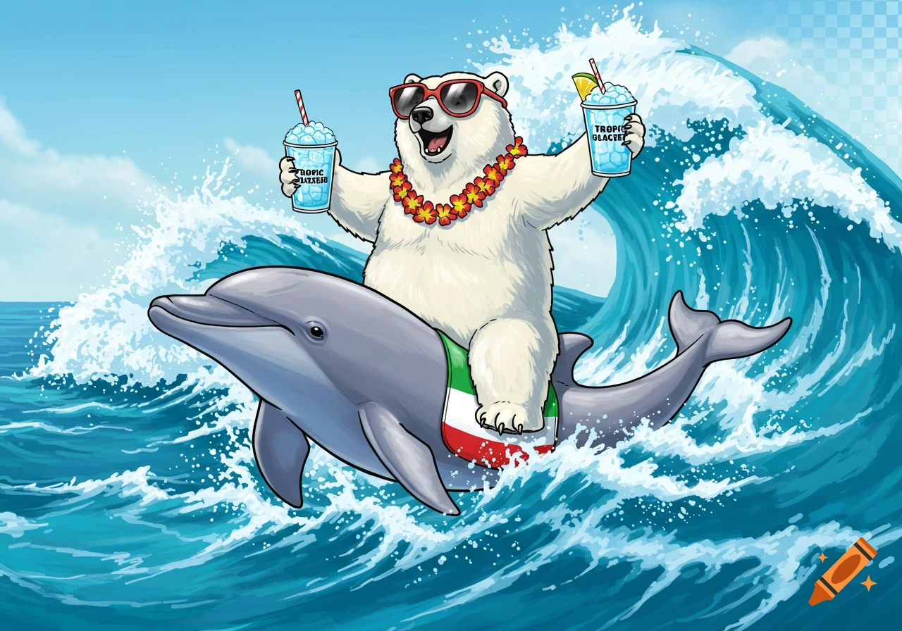 Cartoon polar bear wearing sunglasses and a lei rides a dolphin through ocean waves, holding two cups of Italian ice.