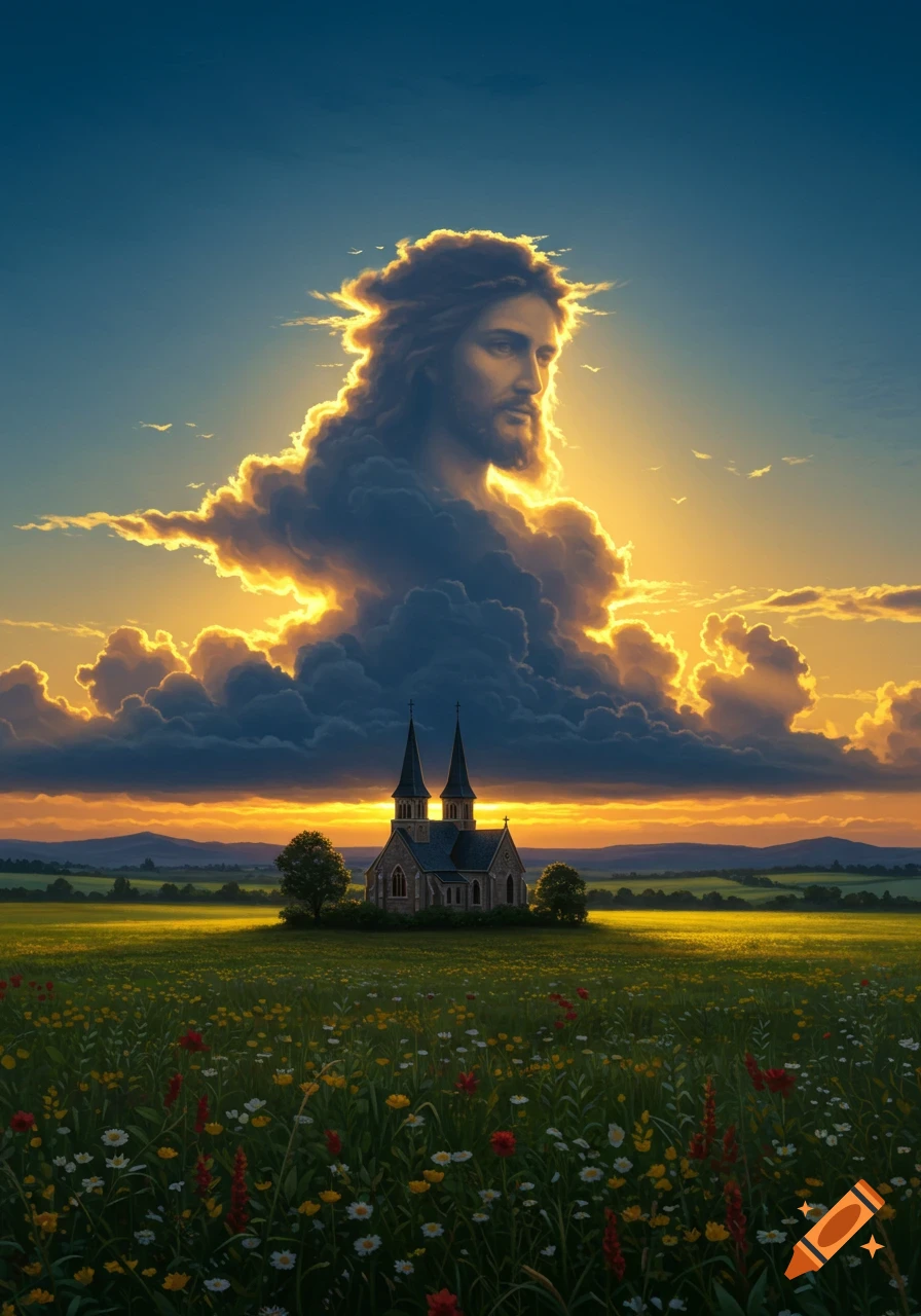 A photorealistic image of a cloud shaped as Jesus floating above a church in a field of wildflowers at sunset.