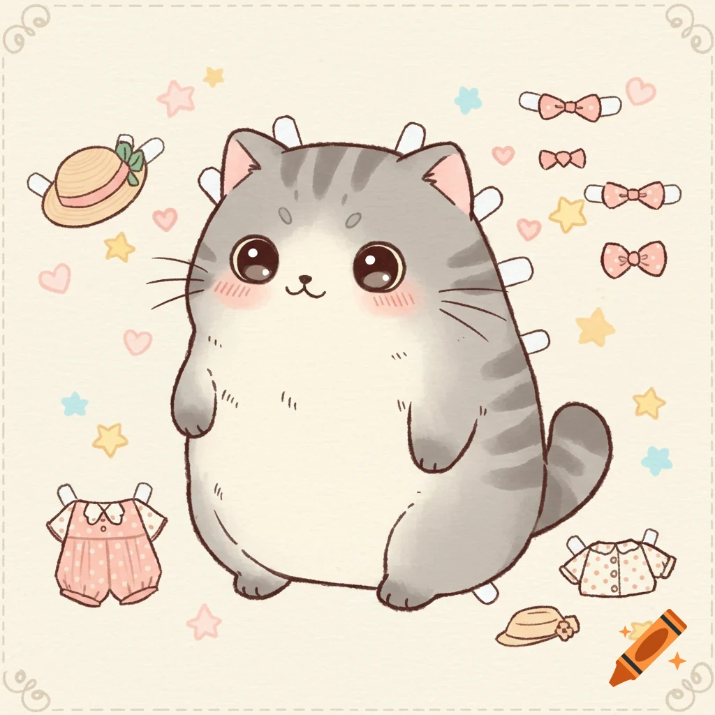 A cute chubby cartoon cat paper doll with attachable clothes and accessories.