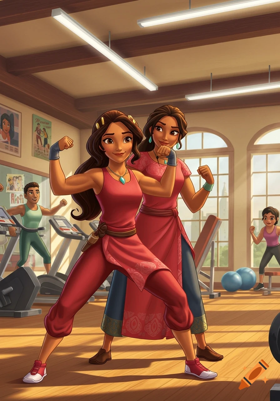 Cartoon style image of Elena of Avalor and her mom flexing their muscles in a gym with other people working out.