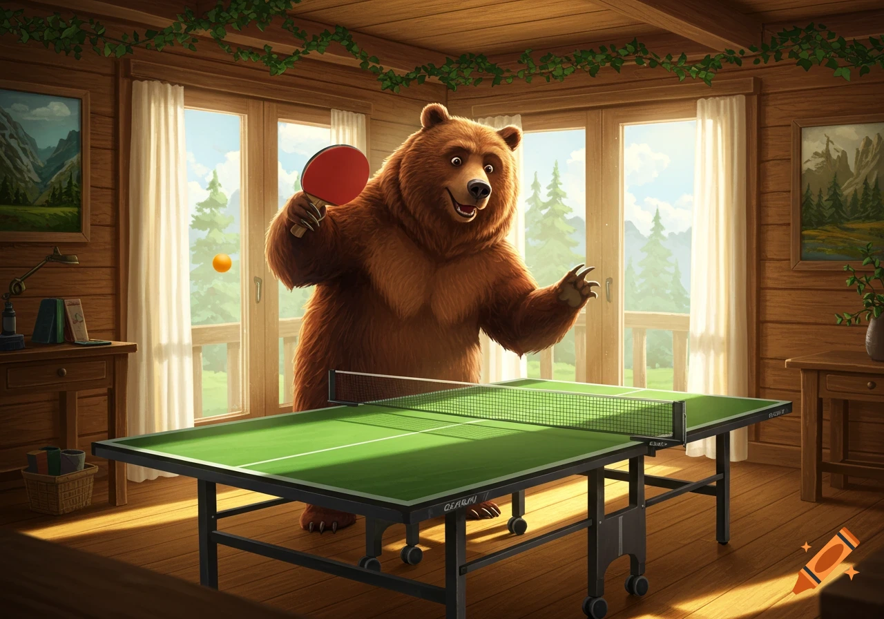A cartoon bear holds a paddle, ready to hit a ping pong ball over a table inside a cozy wooden cabin.