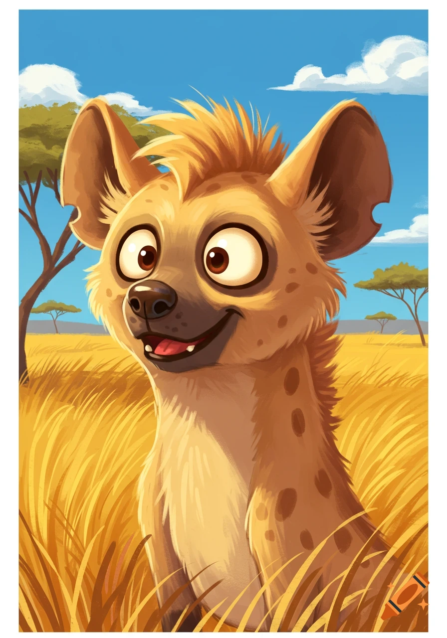 A happy cartoony hyena with large, pupilless eyes smiles, standing in tall yellow grass in a sunny savanna.