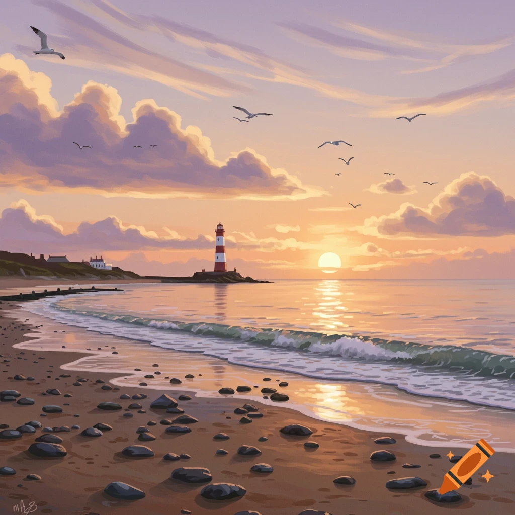 A colorful sunset over a beach with a red and white lighthouse, gentle waves, and seagulls flying. Painterly style.