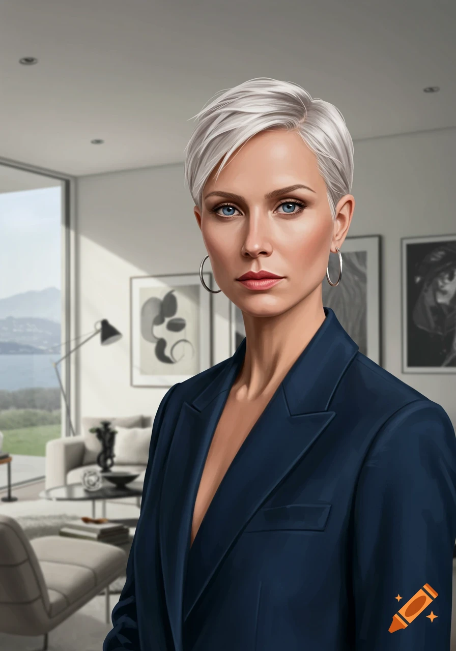Photorealistic portrait of a woman with short white hair and blue eyes in a dark blue blazer, standing in a modern room with large windows.
