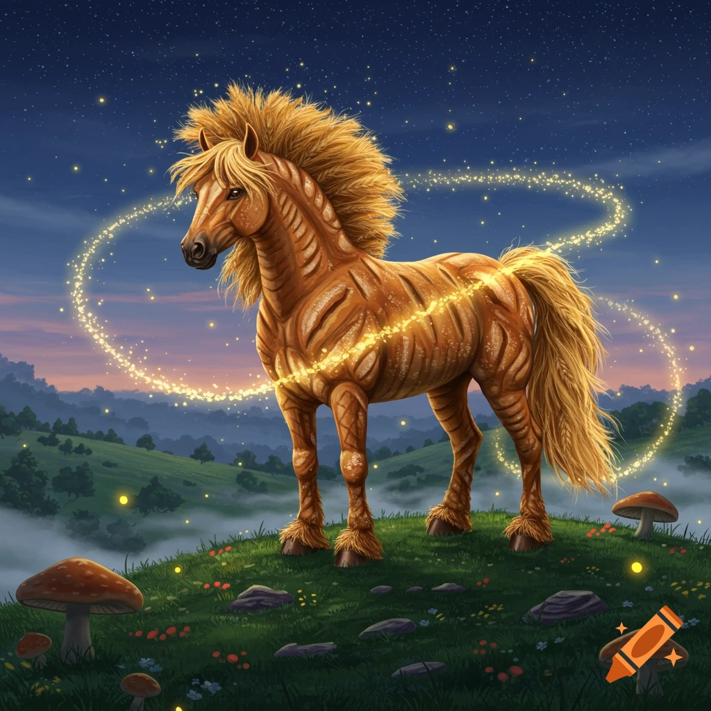 A magical bread-textured horse with a glowing aura stands on a grassy hill with mushrooms under a starry twilight sky.