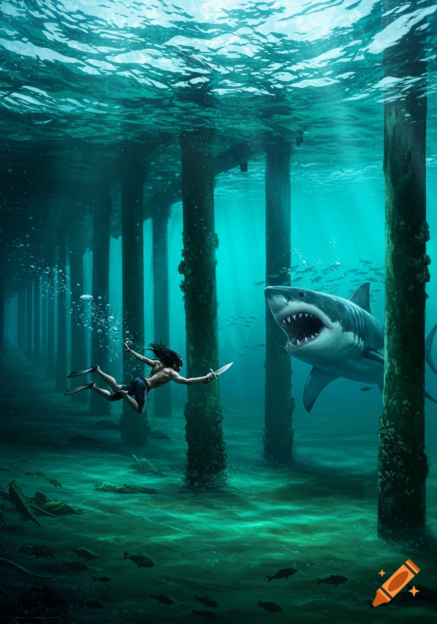 A man with a knife faces a great white shark underwater beneath a wooden pier, with rays of light penetrating the clear blue water.