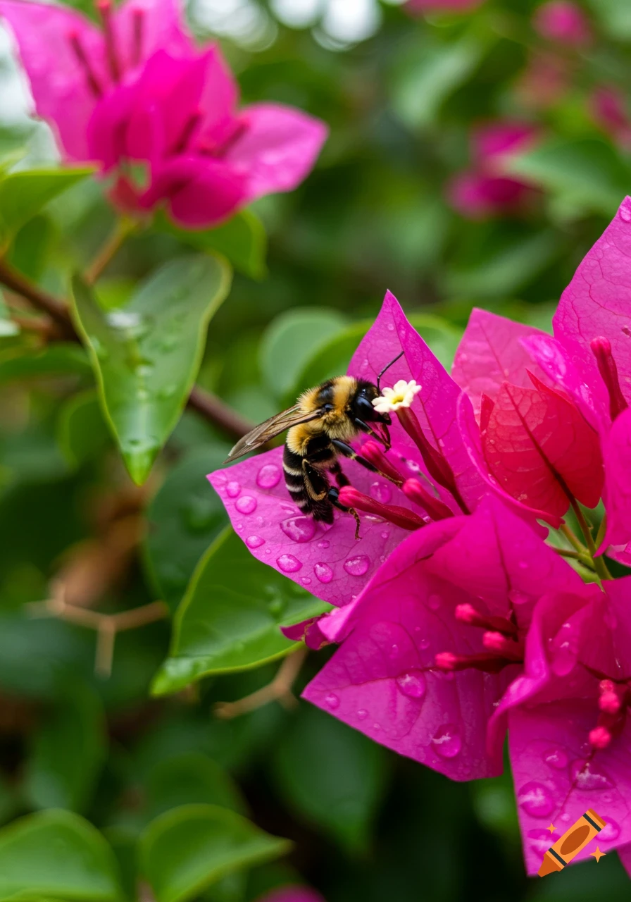 A photorealistic close-up of a bee on a vibrant pink bougainvillea flower with water droplets.