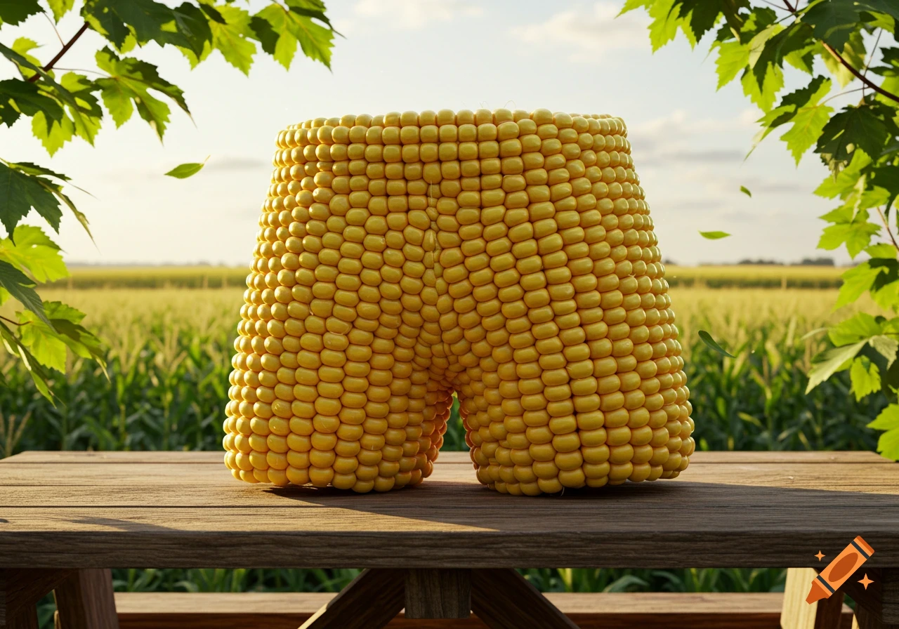 Photorealistic image of a pair of shorts made of corn kernels, sitting on a wooden picnic table in a cornfield.