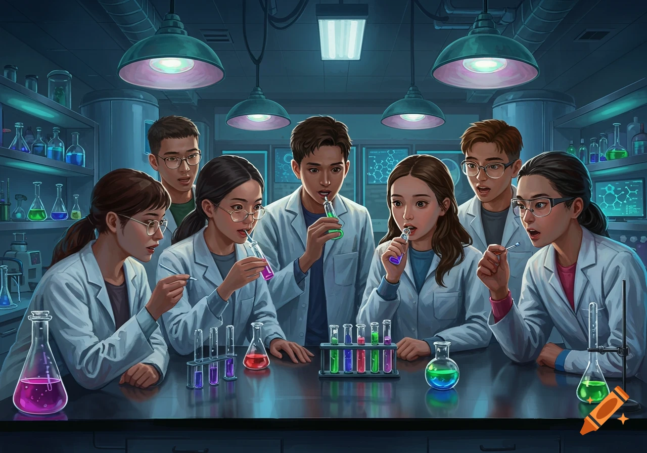 Students in lab coats are in a brightly lit science lab, holding and observing colorful liquids in beakers and test tubes.