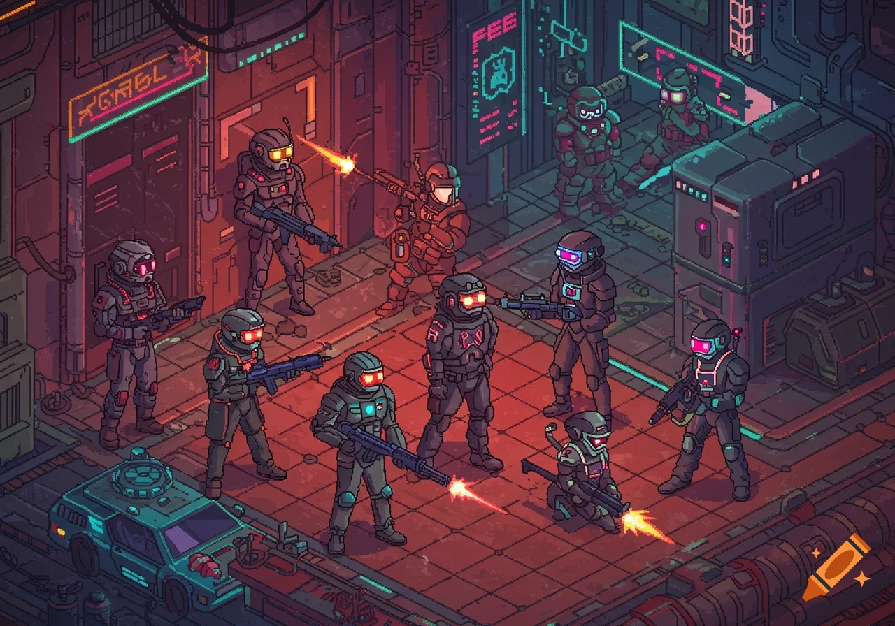 An isometric pixel art scene of futuristic soldiers in a cyberpunk city, with neon signs and glowing weapons.