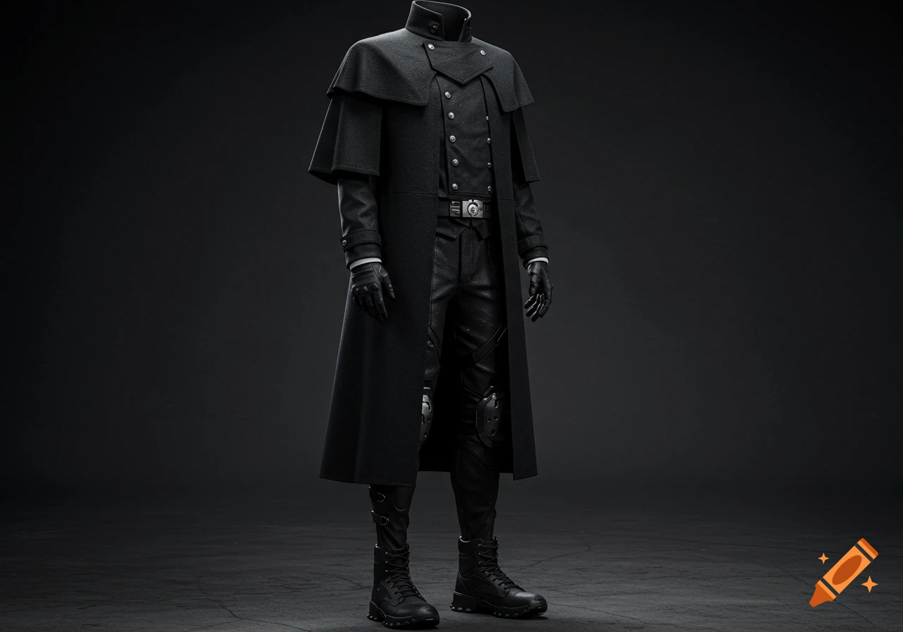 A dark, long great coat with a cape component, dark tactical pants, and boots, displayed on a mannequin against a dark background.