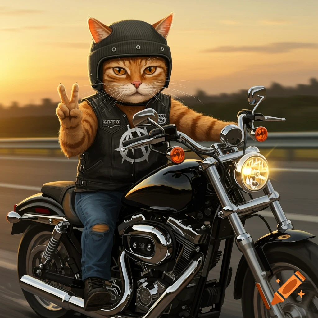 An orange cat in a black leather vest and helmet rides a Harley Davidson motorcycle, making a peace sign at sunset.