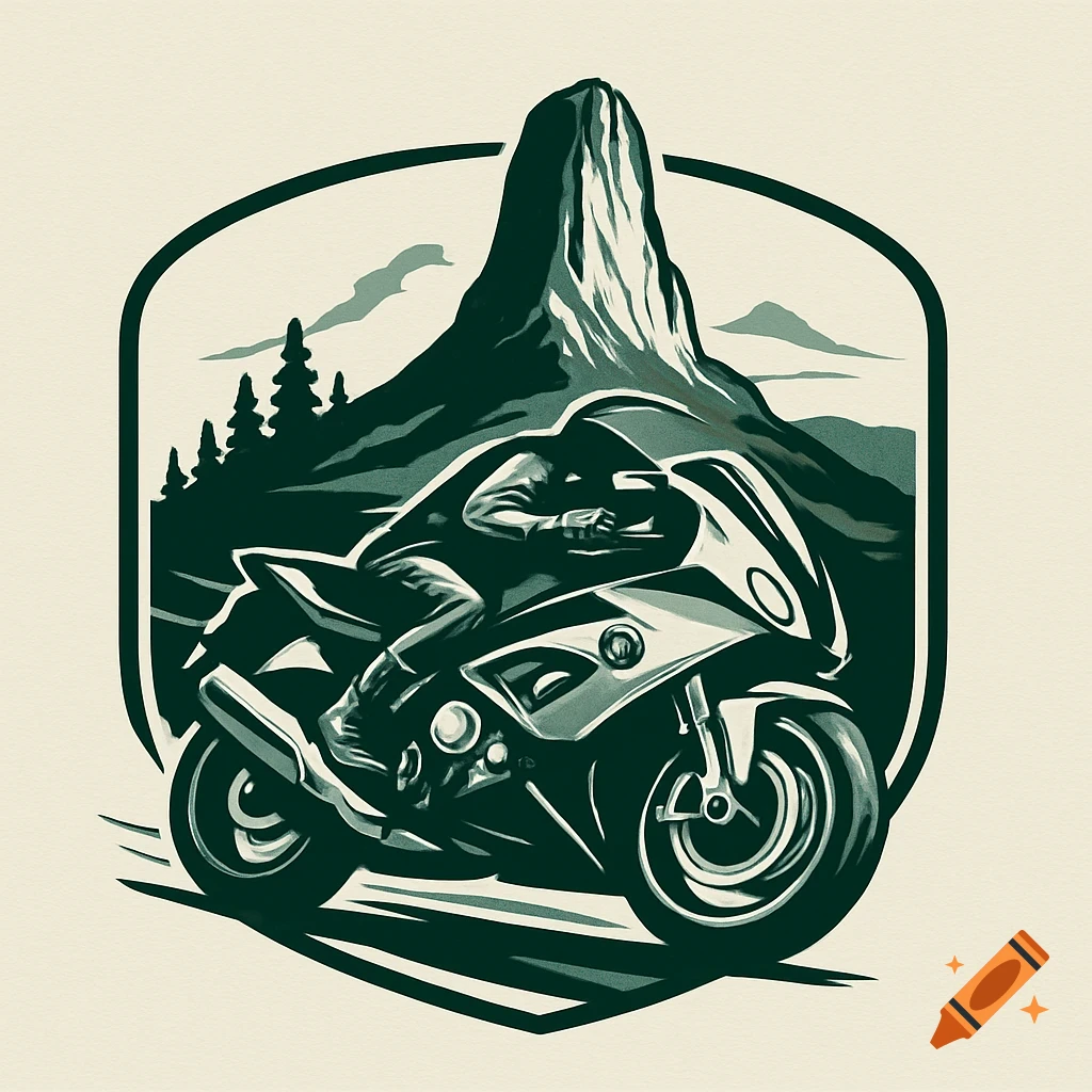 Stylized logo of a motorcyclist on a sport bike with a tall mountain and pine trees in a shield emblem.