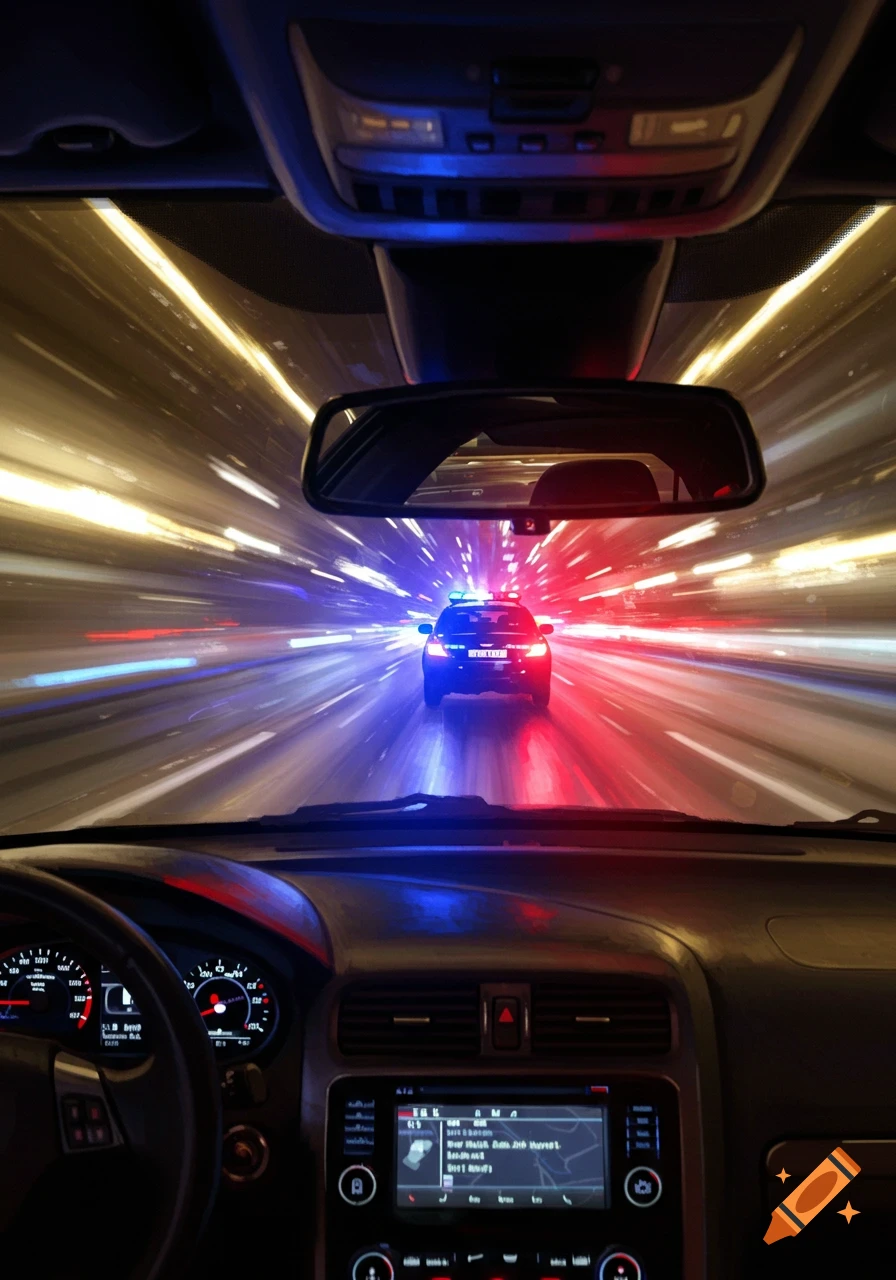 A dynamic first-person view from a car's interior at night, looking out at a police car with flashing red and blue lights speeding ahead, with streaks of light on the road indicating rapid motion.