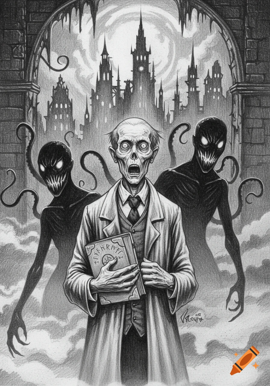 Pencil sketch of a horrified man holding a book, flanked by two monstrous, shadowy figures, with a gothic city and moon in the background.