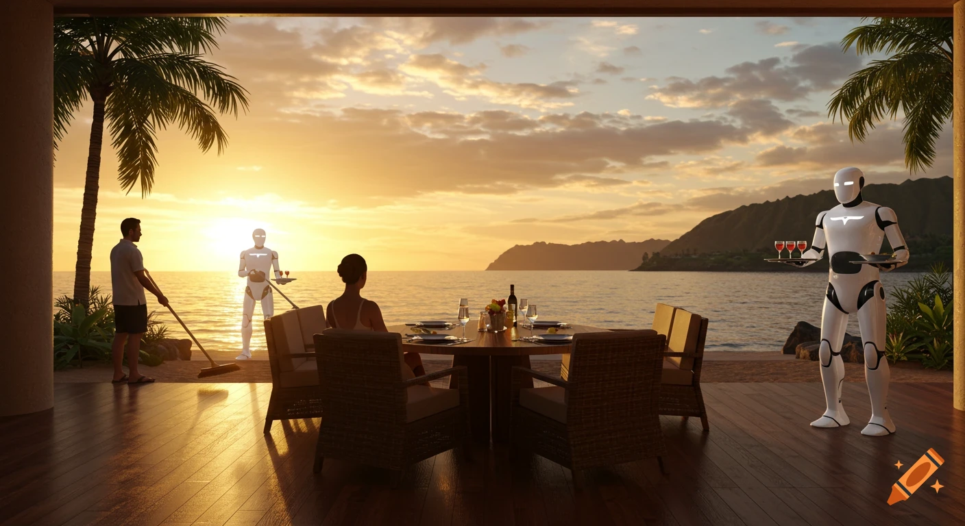 A couple sits at an outdoor dining table on a Hawaiian lanai at sunset, overlooking Kaneohe Bay, as two white humanoid robots tend to the area, one sweeping and one serving food.