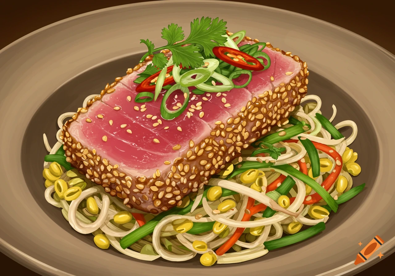 A plate of sesame-crusted rare tuna steak with a side of mung bean noodle salad, garnished with green onions and chili slices, in an illustrative style.