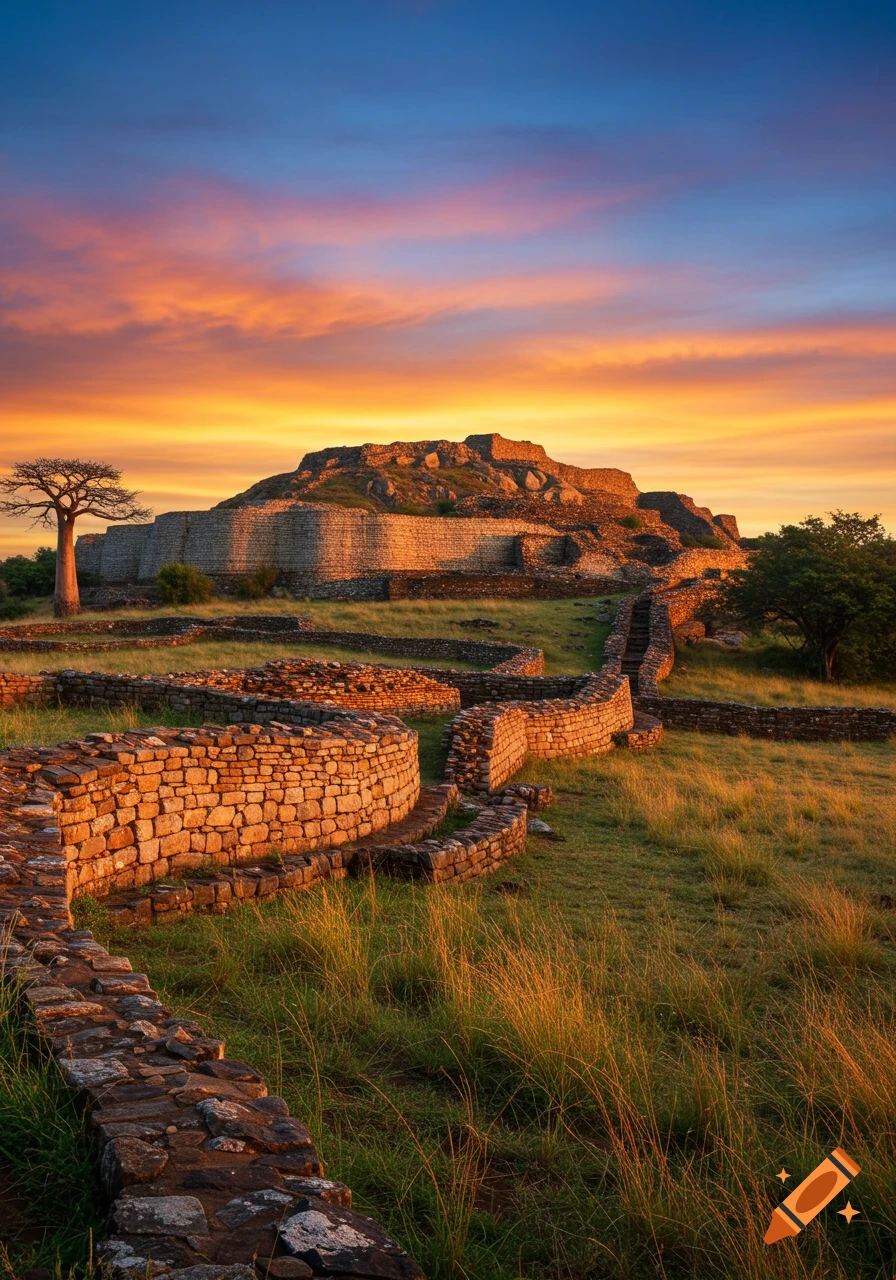 Ancient stone ruins bathed in warm sunset light with a baobab tree under a vibrant sky, photorealistic.