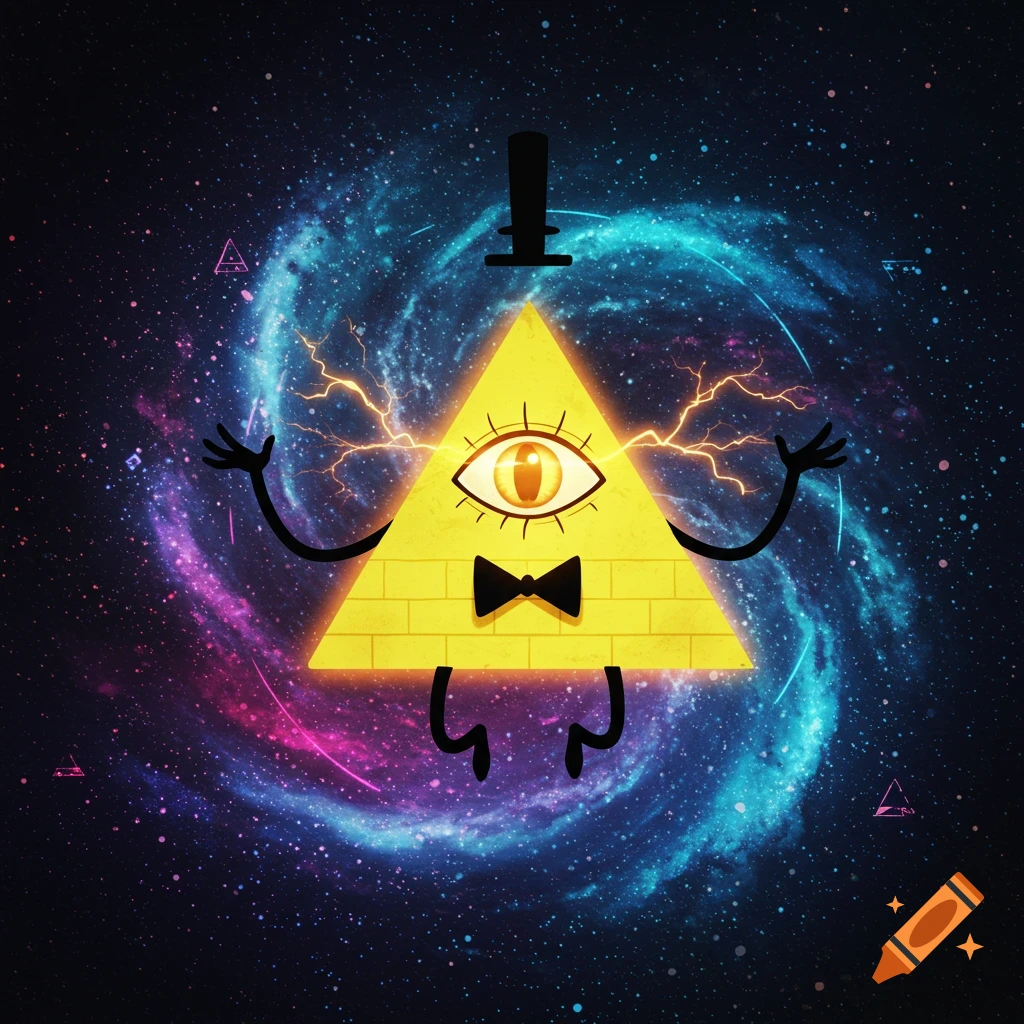 Bill Cipher, a yellow triangle with a single eye, top hat, and bow tie, emits lightning against a vibrant galaxy background.