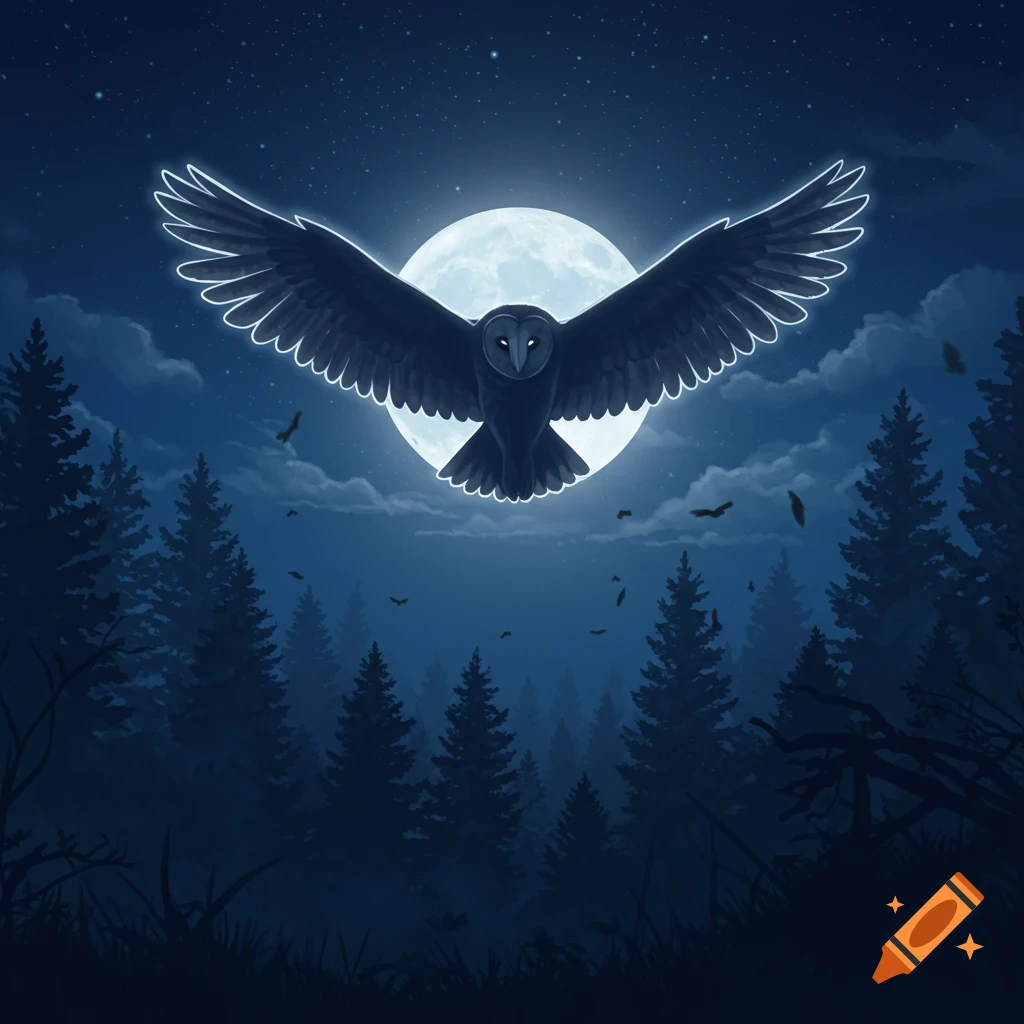 A dark owl with glowing white outlines flies in front of a bright full moon, silhouetted against a deep blue starry night sky over a dark forest.