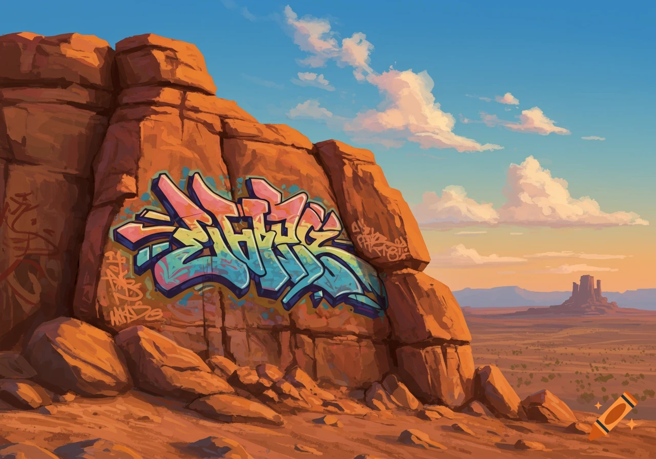 Colorful graffiti tag on a large red rock formation in a desert landscape under a blue sky.