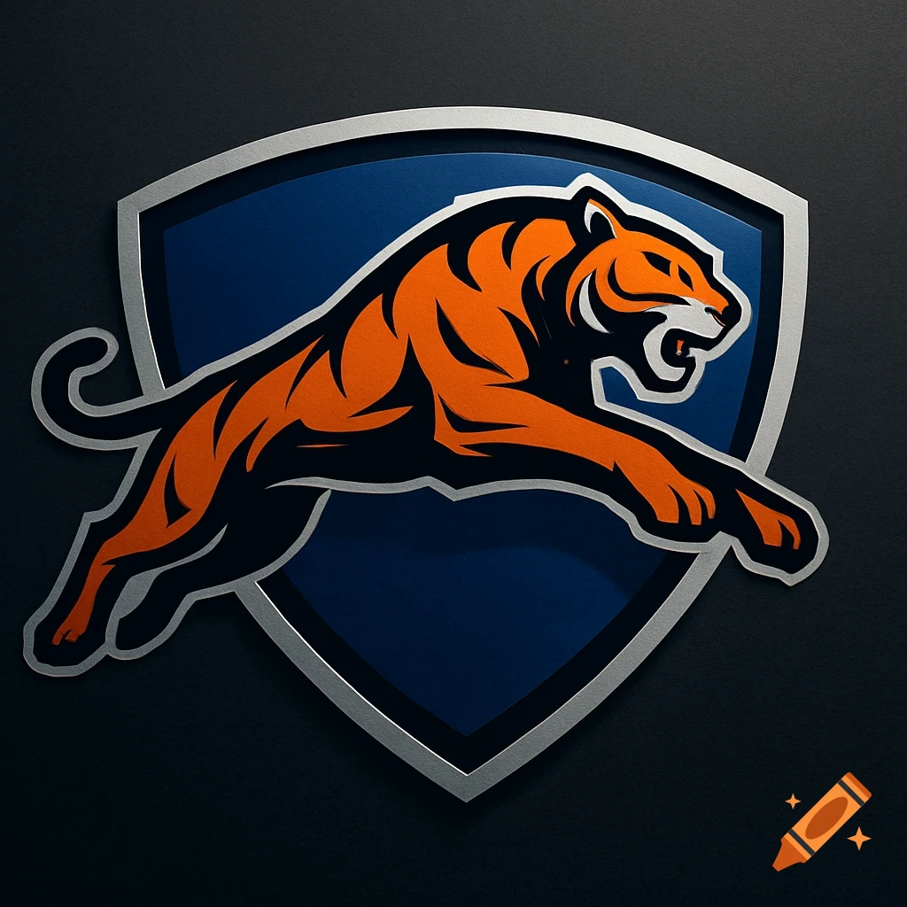 A professional logo featuring an orange tiger leaping over a dark blue shield with a silver border, set against a dark background.