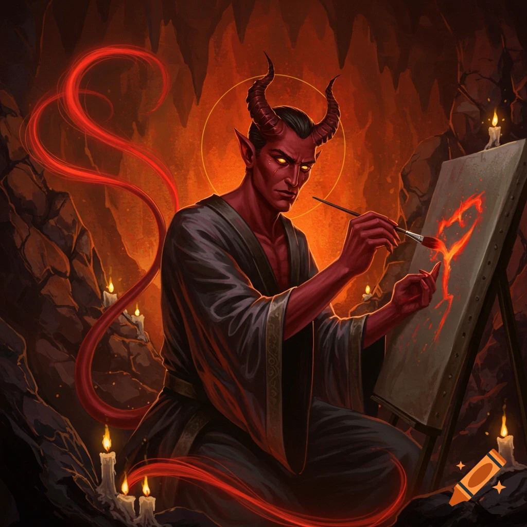 A red-skinned devil with horns and glowing eyes paints a fiery heart on an easel in a dark, candlelit cave.