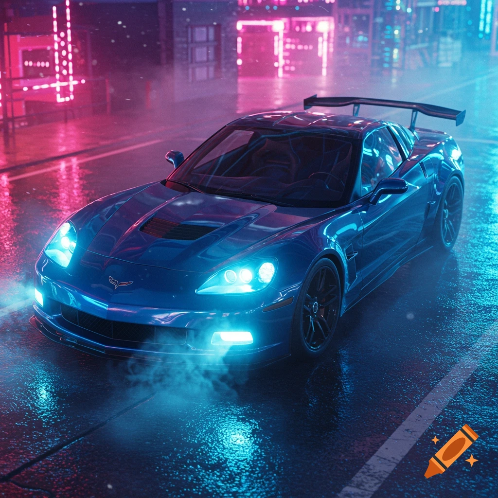 A blue sports car on a wet city street at night, illuminated by neon lights reflecting on the ground.