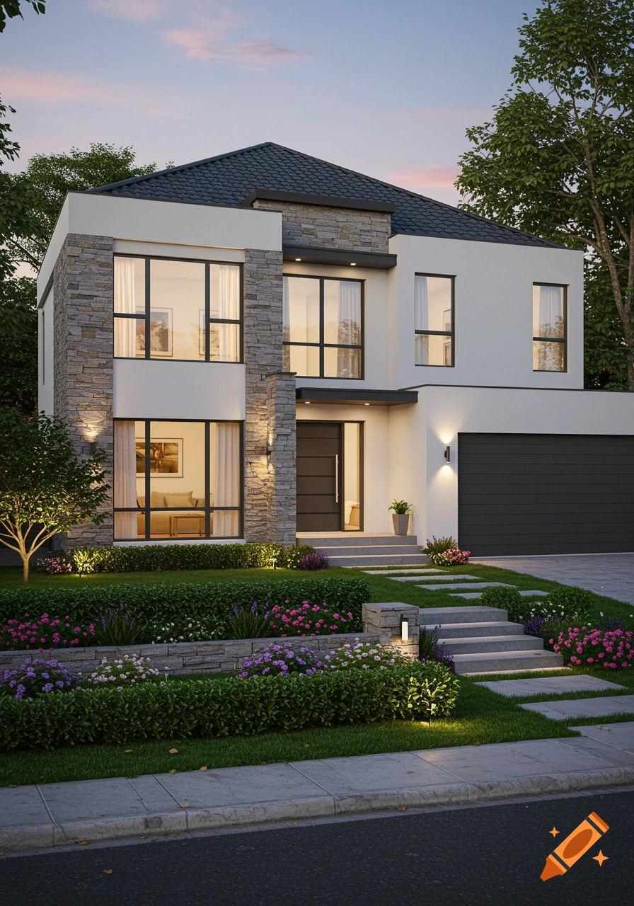 Photorealistic image of a modern two-story house with stone and white facade, dark roof, and a landscaped garden with colorful flowers and illuminated steps.