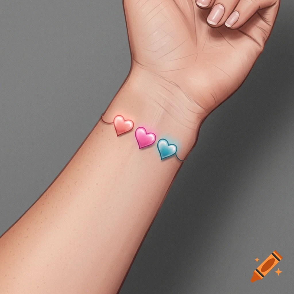 Close-up of a person's arm and wrist adorned with a bracelet or tattoo featuring three glowing heart shapes in pink, magenta, and blue.
