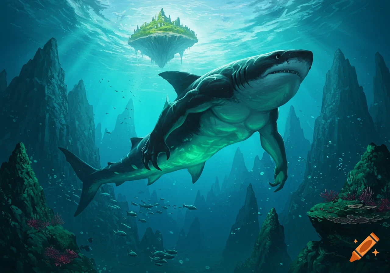 A muscular, bipedal shark creature with green glowing skin swims in a vibrant turquoise ocean, surrounded by tall underwater mountains, with a lush green floating island visible above.
