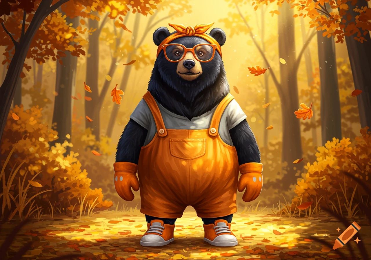 A cartoon black bear in orange overalls, grey shirt, orange glasses, and headband, standing in a vibrant autumn forest.