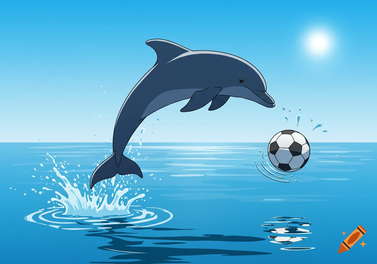 A cartoon dolphin jumps from blue ocean water to hit a black and white soccer ball with its tail under a bright sun.